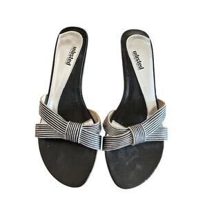 Unlisted Black & Silver Striped Knot Slip-On Kitten Heel Sandals – Size 8.5